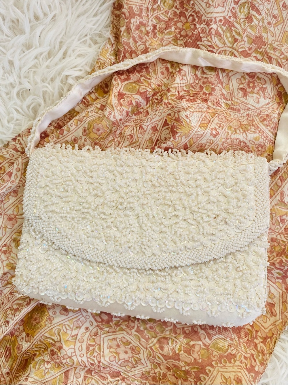 Vintage Ivory Beaded Evening Bag Sequin Bridal Wedding Purse